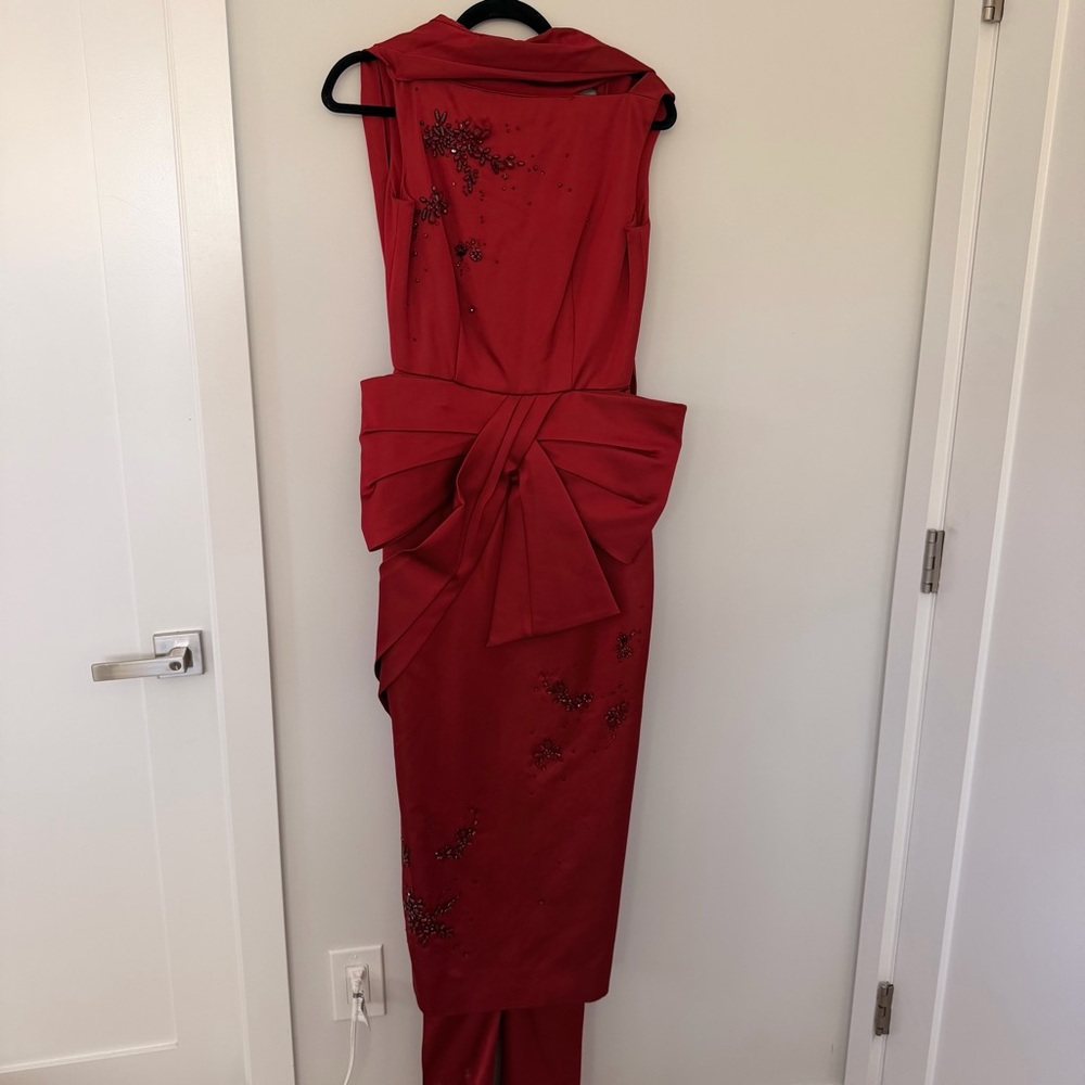 ERDEM Draped Embellished Red Satin Gown with Bow Accent